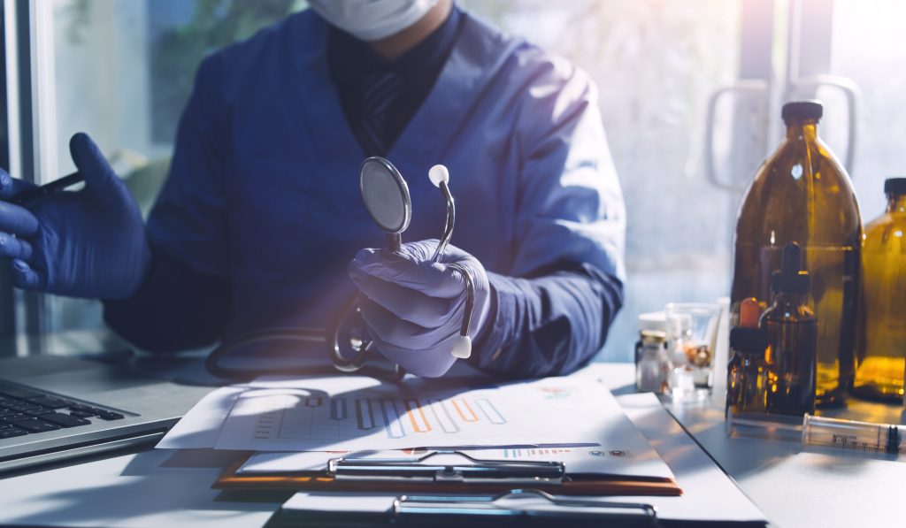 Medicine doctor and stethoscope touching icon medical network co